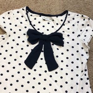 Navy and white polka dot tee with bow
